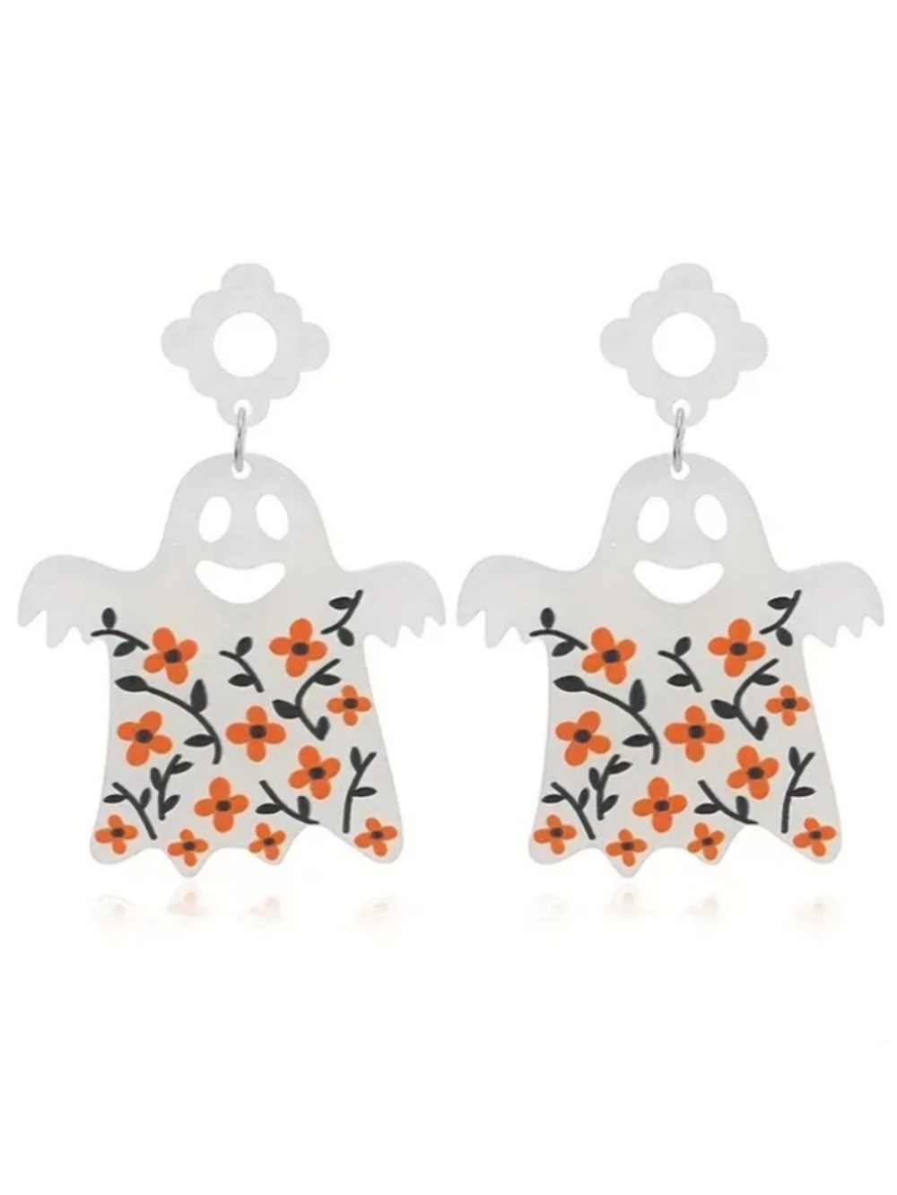 Floral White Ghost Sparkle Halloween Stud Earrings